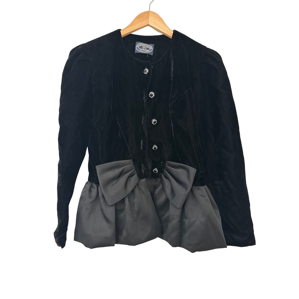 Jennifer Moore Petites Black Velvet Satin Peplum Bow Jacket Vintage Size 6
